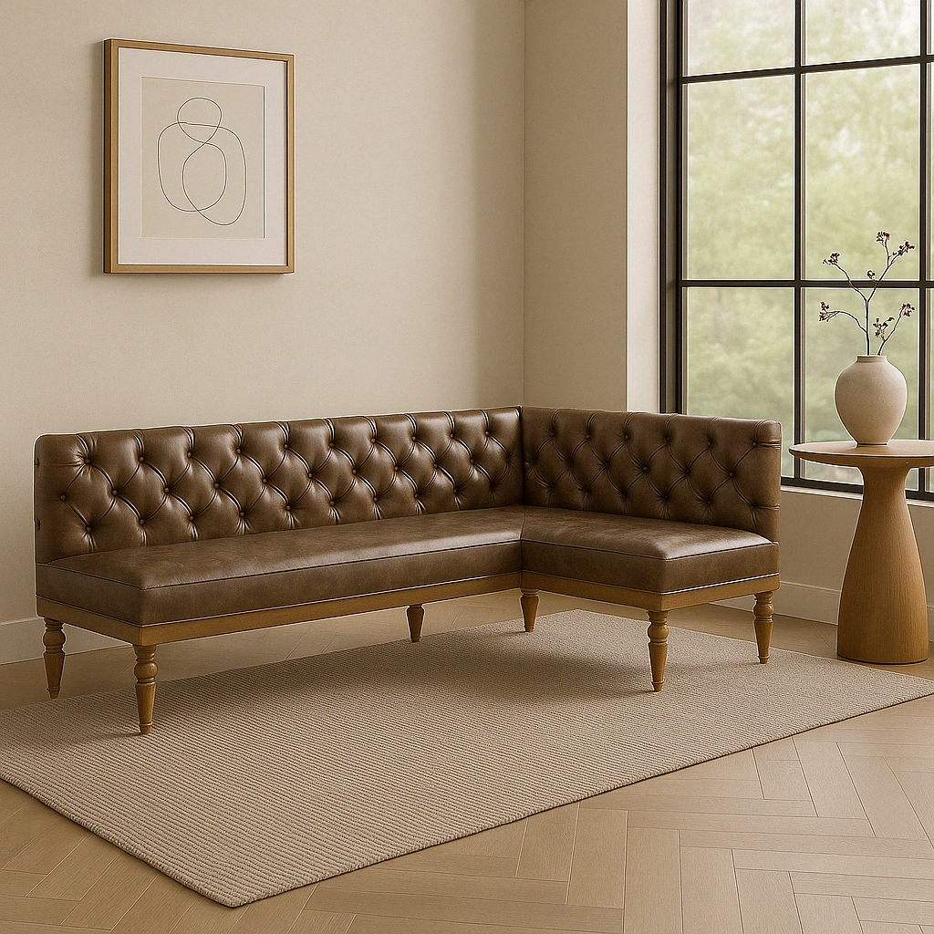 LRS | CUSTOM Olive Green Vegan Leather Corner Bench Seat L Shape | L: 72 x R:85" | Seat Depth: 22" | Seat Height: 28" | Shaker Legs (Left Seat w corner =72" + Right Bench 63") dark brown