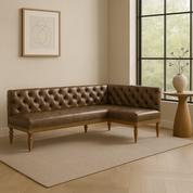 LRS | CUSTOM Olive Green Vegan Leather Corner Bench Seat L Shape | L: 72 x R:85" | Seat Depth: 22" | Seat Height: 28" | Shaker Legs (Left Seat w corner =72" + Right Bench 63") dark brown