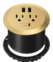 Seating | Custom Restaurant Banquettes Electrical Hardwire w conduit | Routing & Hardware | 12 Amp 2-Outlets Desktop Grommet, 60-Watt Power Delivery Type C Port, 3-USB Charging Ports, Gold