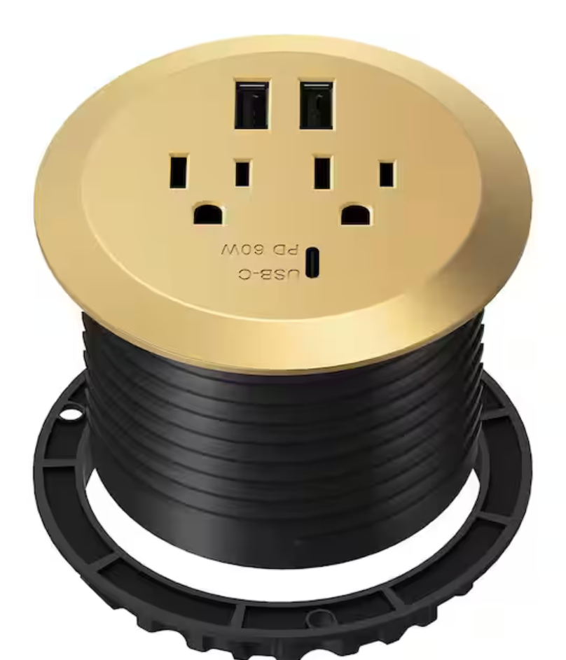 Seating | Custom Restaurant Banquettes Electrical Hardwire w conduit | Routing & Hardware | 12 Amp 2-Outlets Desktop Grommet, 60-Watt Power Delivery Type C Port, 3-USB Charging Ports, Gold