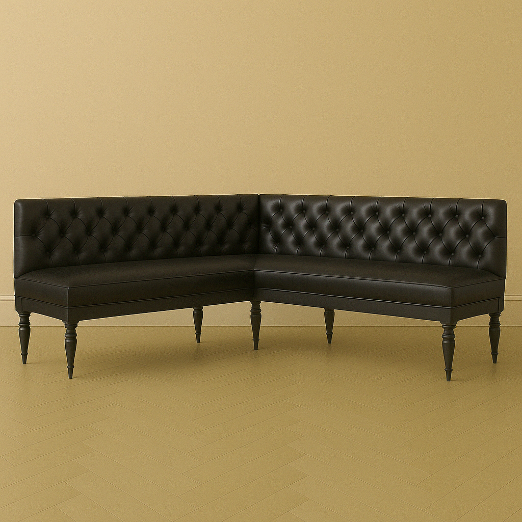 Tufted Leather Banquette – Corner Bench for Kitchen or Restaurant L Shape | L:82 x R:60 | Seat Depth: 22" | Seat Height: 28" | Classic Turned Legs