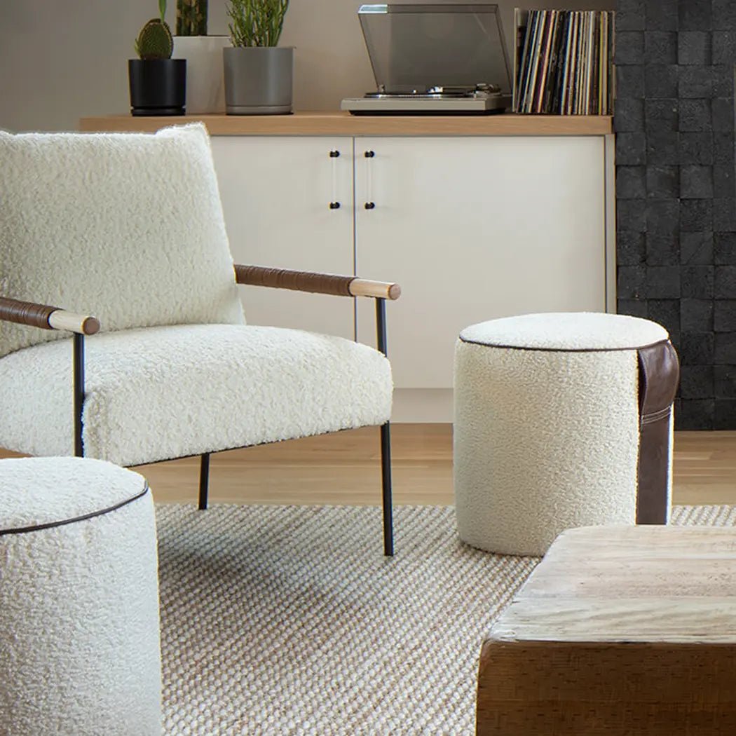 Modern Shearling + Leather Pouf – 18" Round Ottoman with Handle DARK BROWN LEATHER