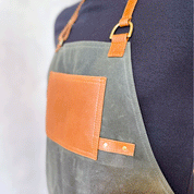 Custom Apron | Olive Green Waxed Canvas Apron with Brown Leather Pocket 6 @ $159 ea