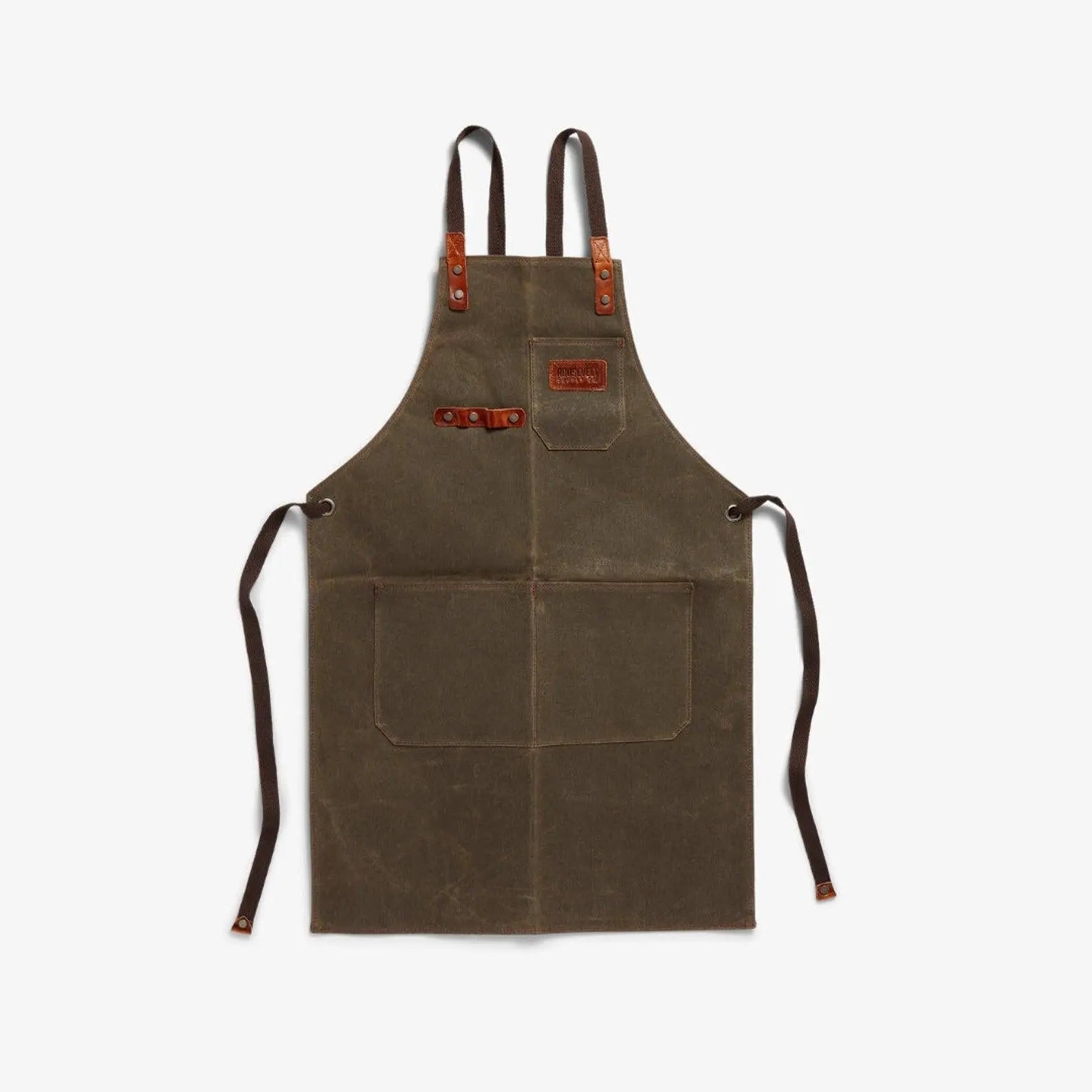 Custom Apron | Olive Green Waxed Canvas Apron with Brown Leather Pocket ea