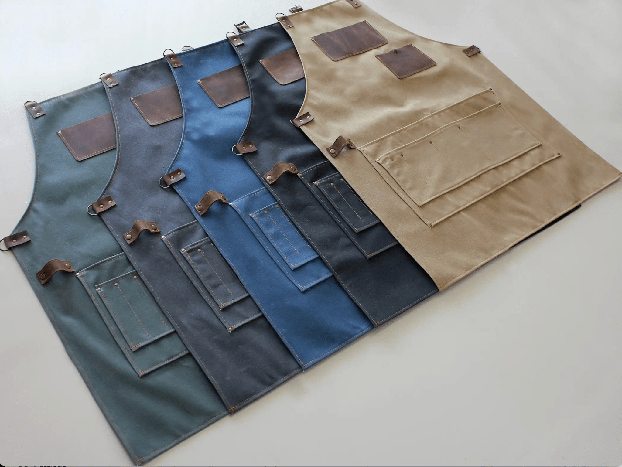 Custom Apron | Olive Green Waxed Canvas Apron with Brown Leather Pocket ea