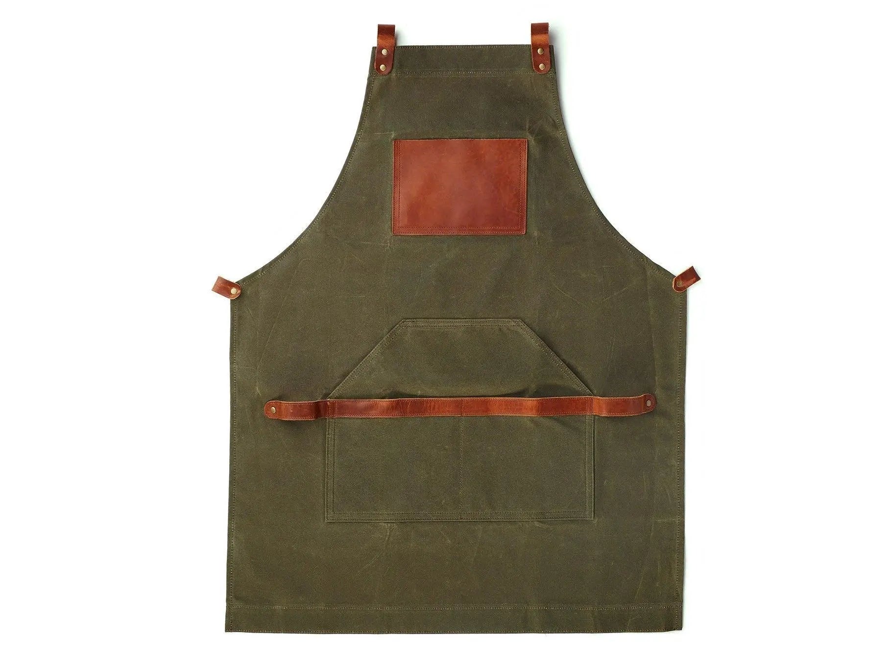 Custom Apron | Olive Green Waxed Canvas Apron with Brown Leather Pocket ea