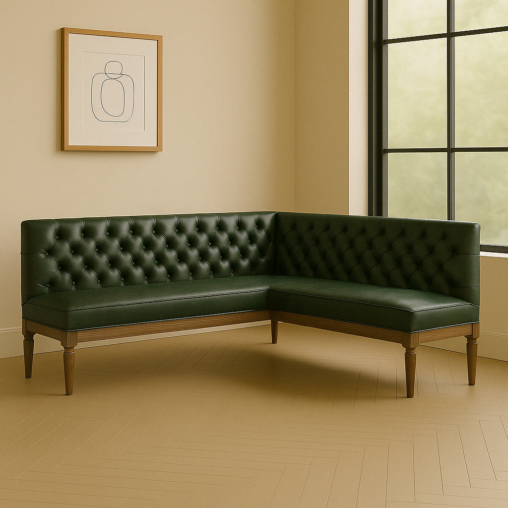 Tufted Leather Banquette – Corner Bench for Kitchen or Restaurant V Shape | L:60 x R:60" | Seat Depth: 22" | Seat Height: 28" | Classic Turned Legs