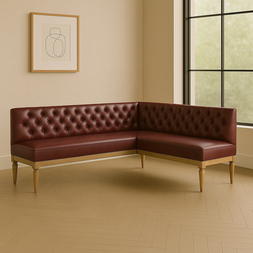 Tufted Leather Banquette – Corner Bench for Kitchen or Restaurant V Shape | L:60 x R:60" | Seat Depth: 22" | Seat Height: 28" | Classic Turned Legs
