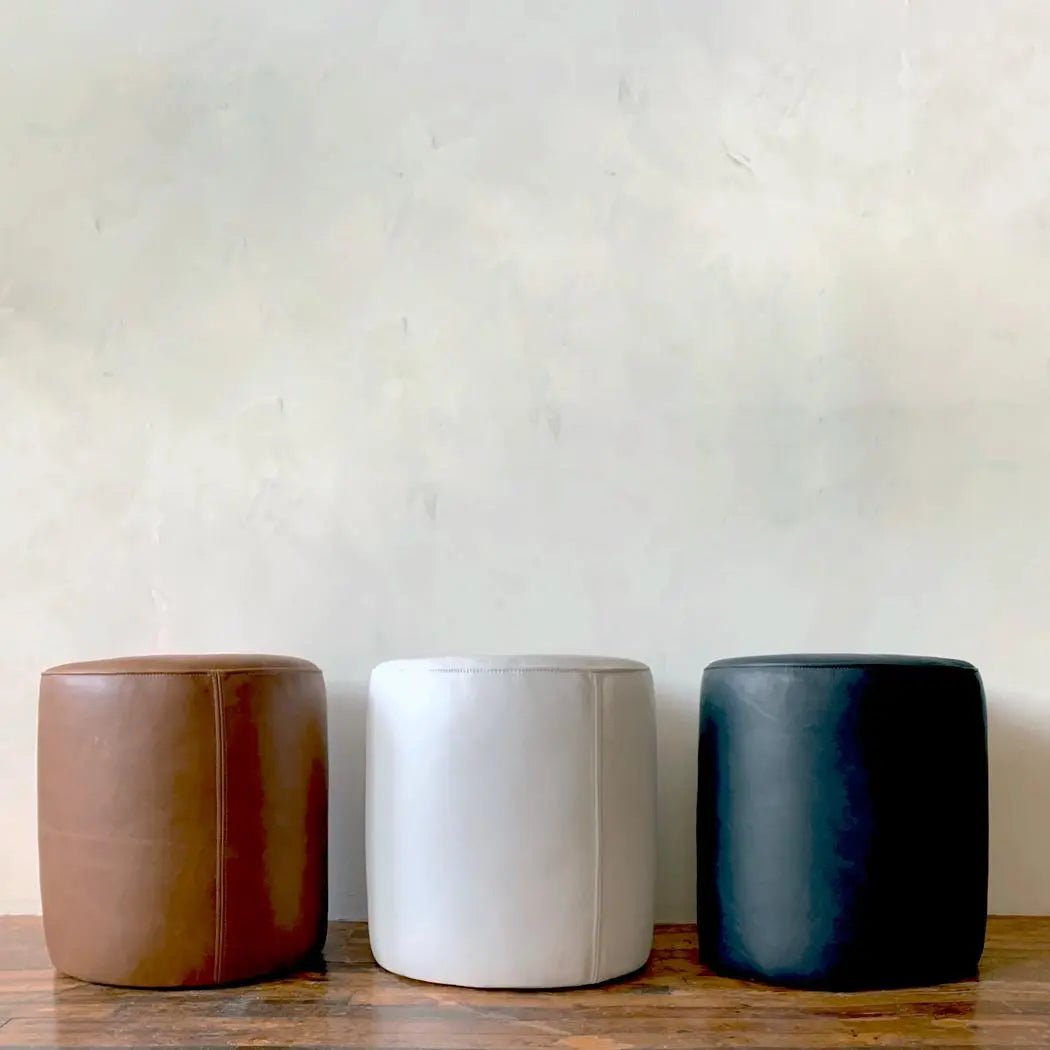 Genuine Leather Round Ottoman or Pouf | Black soft black 17" PAIR | *READY TO SHIP*