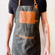 Custom Apron | Olive Green Waxed Canvas Apron with Brown Leather Pocket 6 @ $159 ea