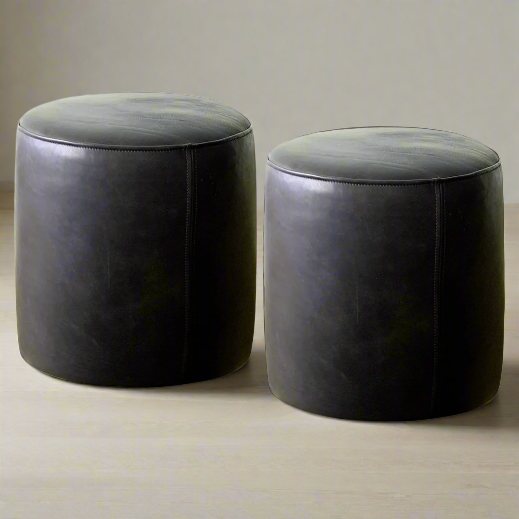 Genuine Leather Round Ottoman or Pouf | Black soft black 17" PAIR | *READY TO SHIP*