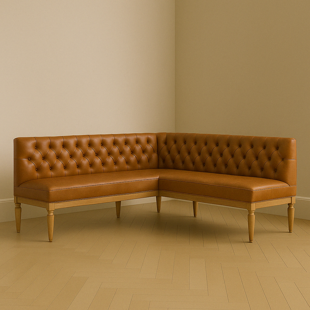 Tufted Leather Banquette – Corner Bench for Kitchen or Restaurant V Shape | L:60 x R:60" | Seat Depth: 22" | Seat Height: 28" | Classic Turned Legs