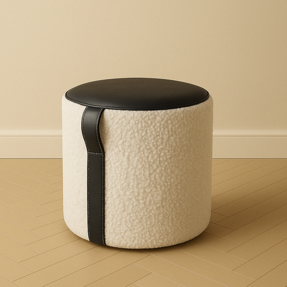 black leather ottoman with shearling and handle
