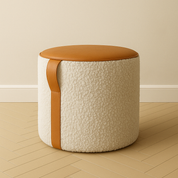 18-inch round leather and boucle shearling pouf with stitched leather handle – modern handmade ottoman by HUNTEDFOX