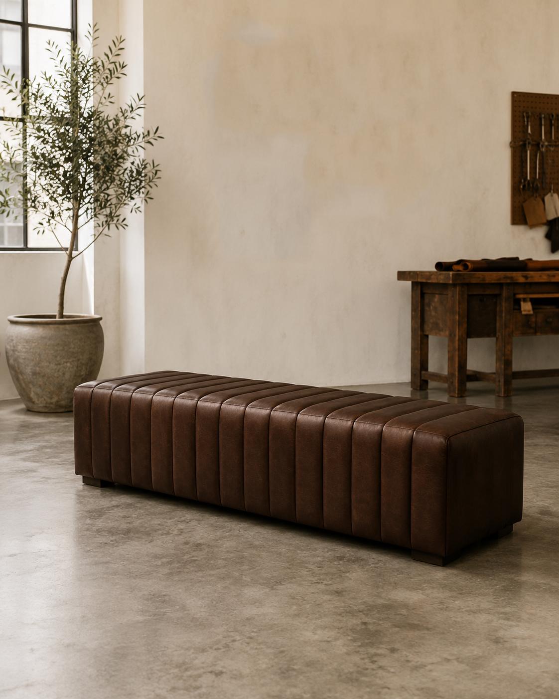 HF Atelier Ribbed Leather Bench Ottoman in Dark Chocolate Leather
