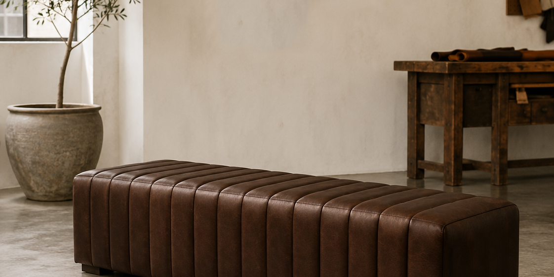HF Atelier Ribbed Leather Bench Ottoman in Dark Chocolate Leather