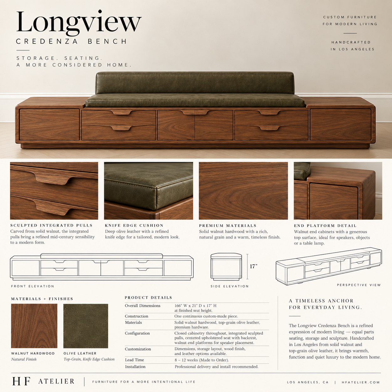 The Longview Walnut + Leather Credenza Bench