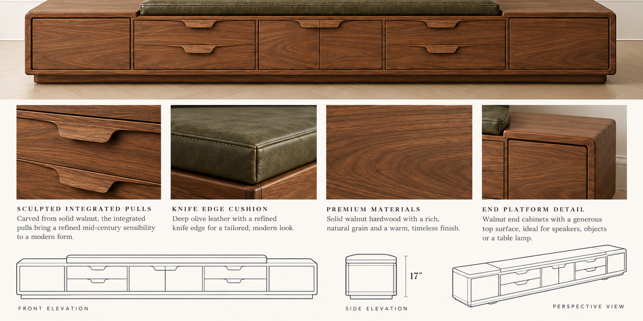 The Longview Walnut + Leather Credenza Bench