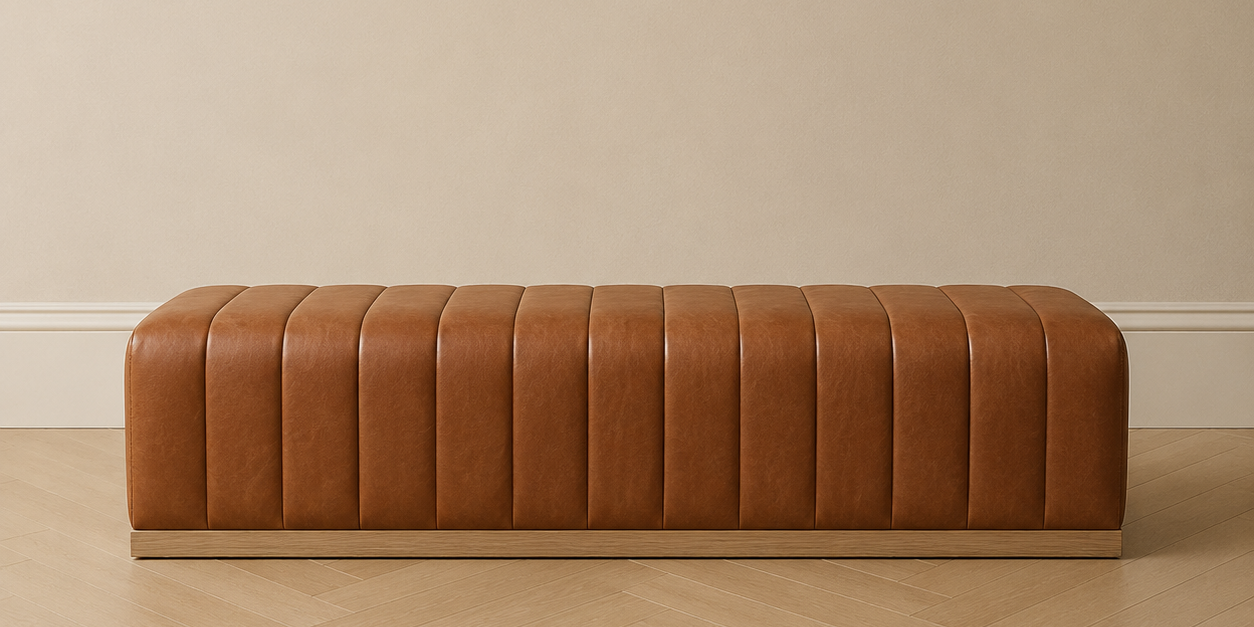 HF Atelier Ribbed Leather Bench Ottoman in Dark Chocolate Leather Whiskey Brown Leather