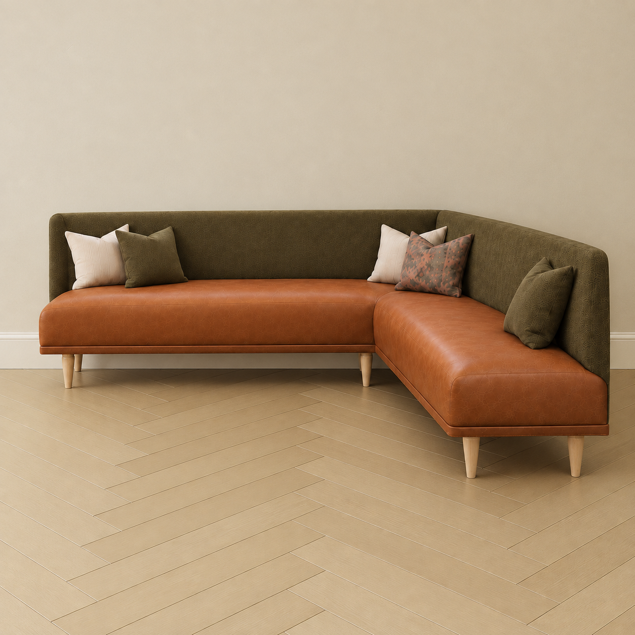 Leather + Olive Velvet Corner Banquette