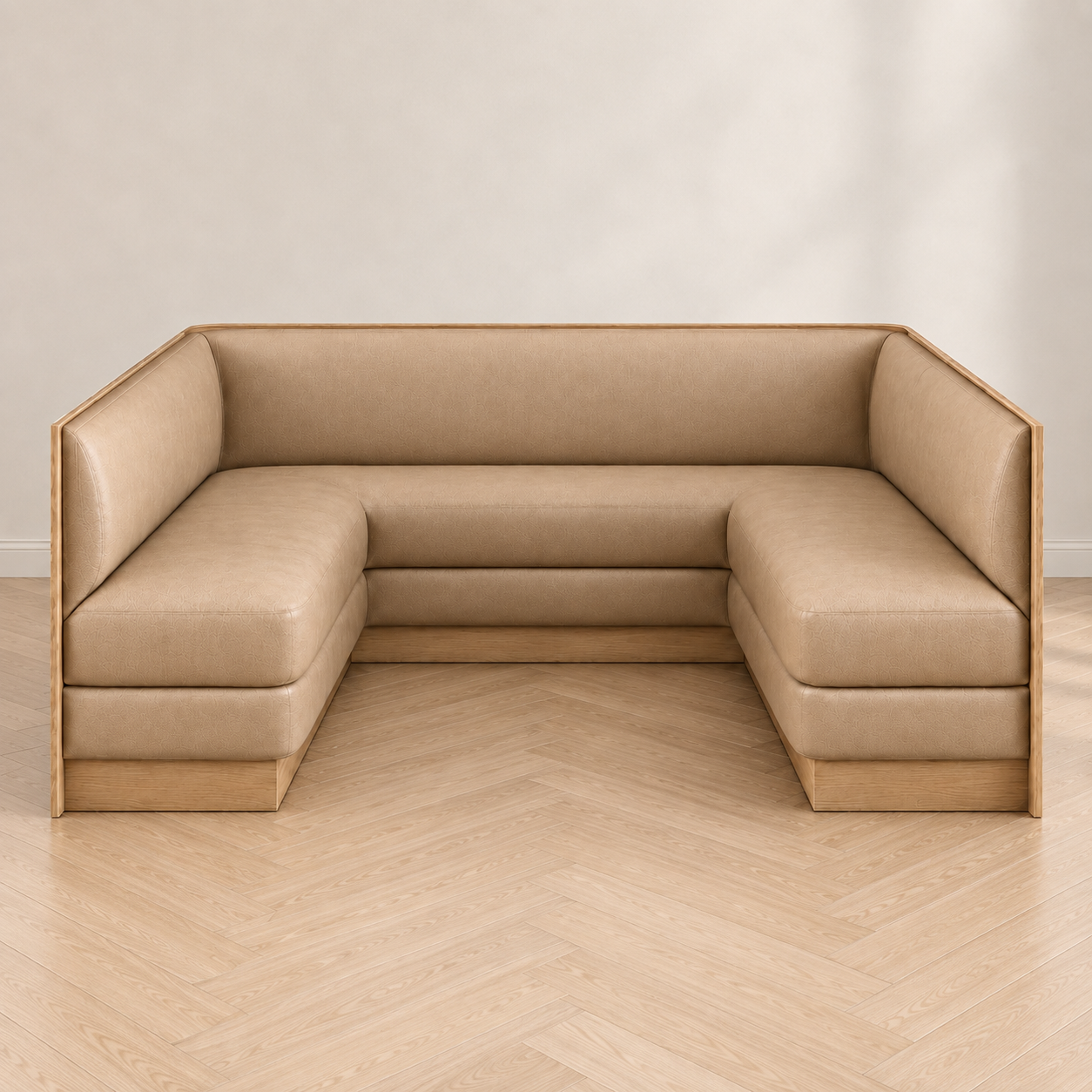 Custom U-Shaped Leather Banquette with White Oak Base