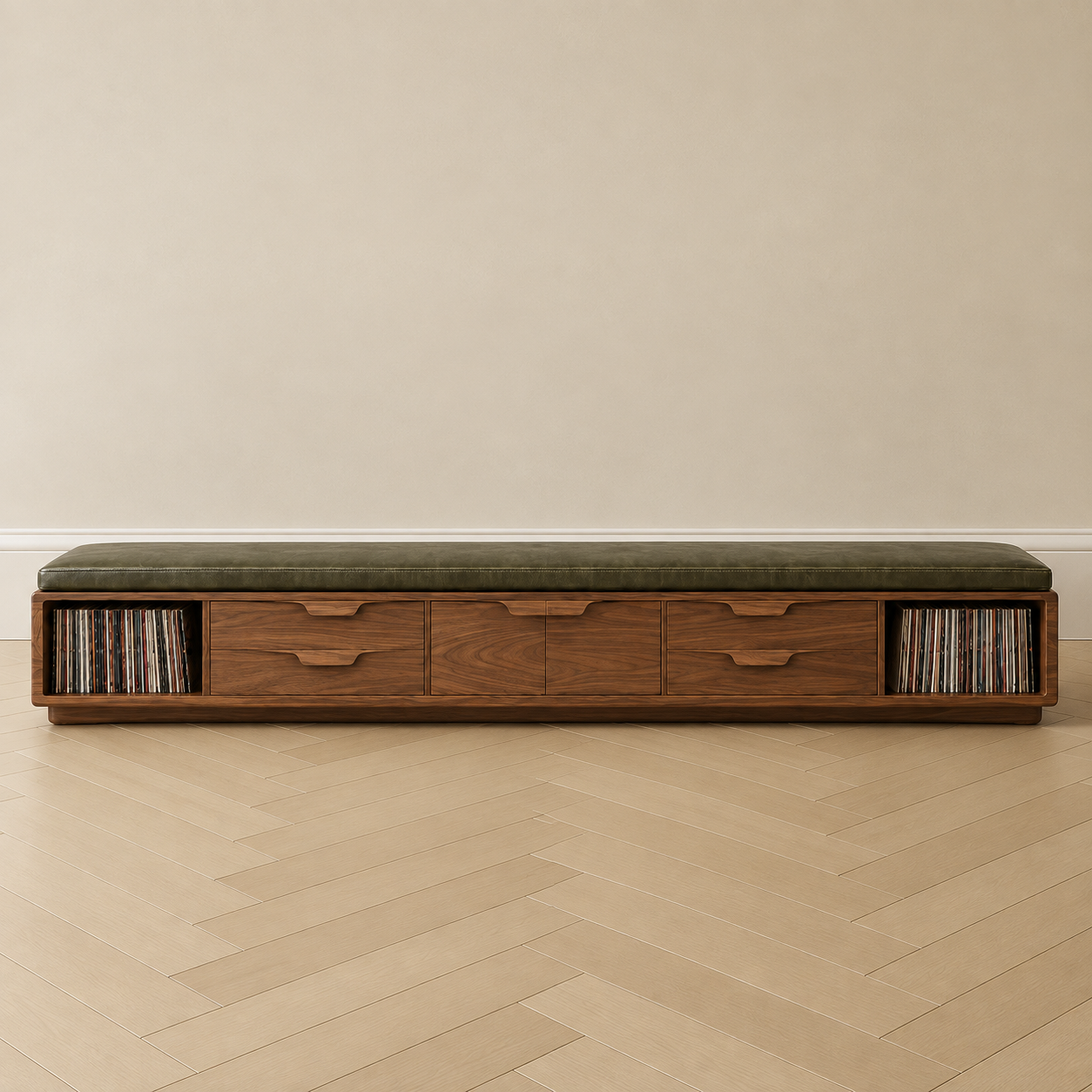 The Longview Walnut + Leather Credenza Bench