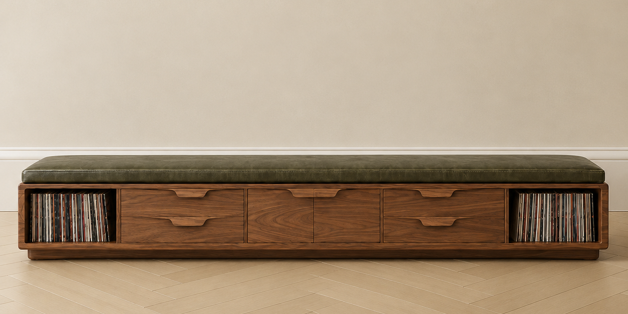 The Longview Walnut + Leather Credenza Bench no.01 | Custom Walnut Vinyl Record Storage Credenza Bench | Olive Leather Seat