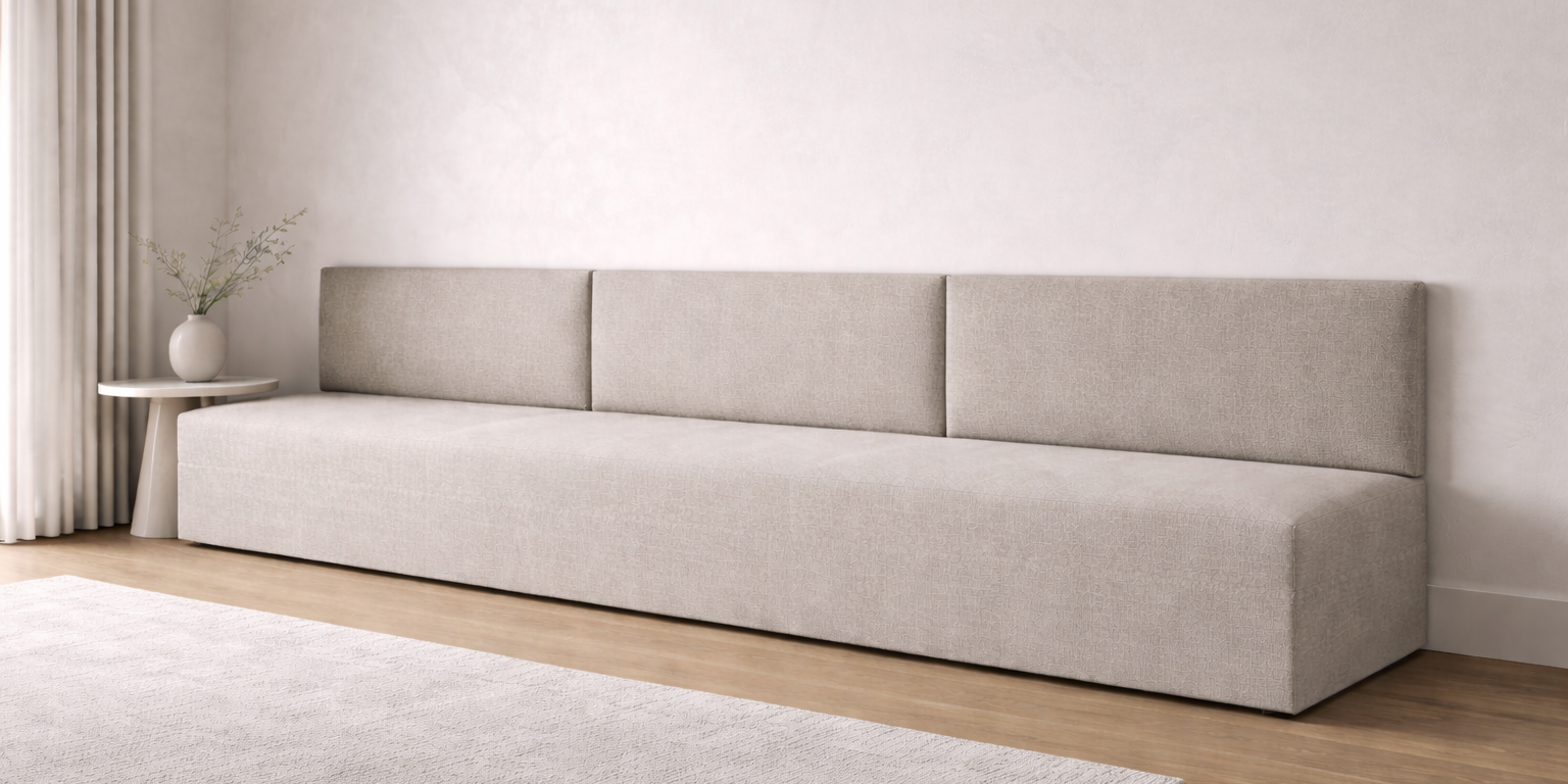 AHD | Upholstered Bench Banquette with Wall-Mounted Back Panel 136"