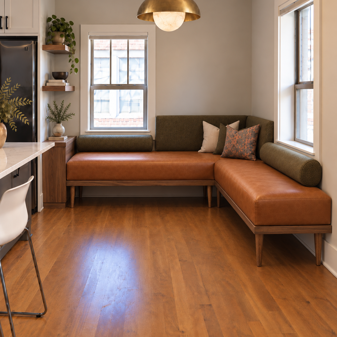 Leather + Olive Velvet Corner Banquette