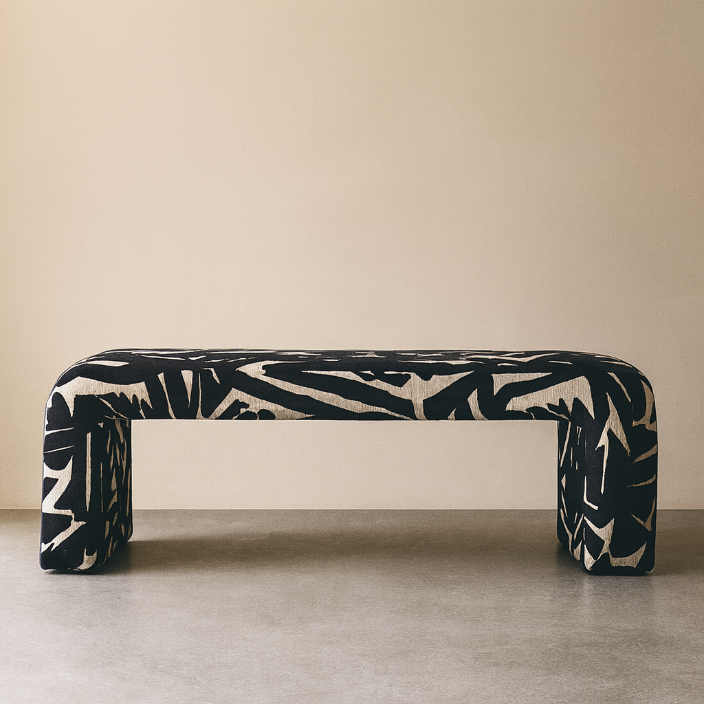 Modern Upholstered Bench | Black & Ivory Geometric Fabric with Rounded Corners