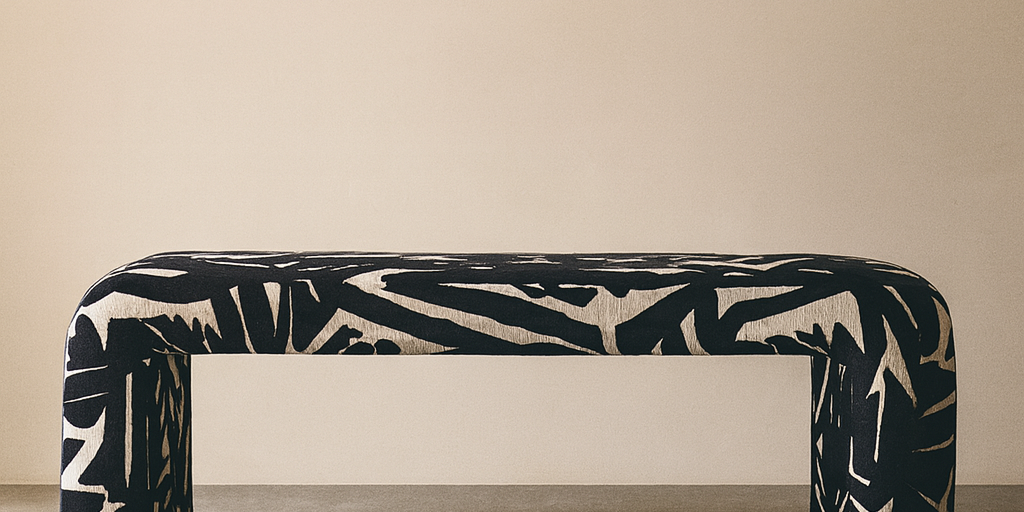 Modern Upholstered Bench | Black & Ivory Geometric Fabric with Rounded Corners
