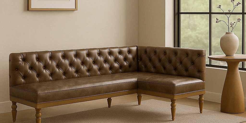 LRS | CUSTOM Olive Green Vegan Leather Corner Bench Seat L Shape | L: 72 x R:85" | Seat Depth: 22" | Seat Height: 28" | Shaker Legs (Left Seat w corner =72" + Right Bench 63") dark brown