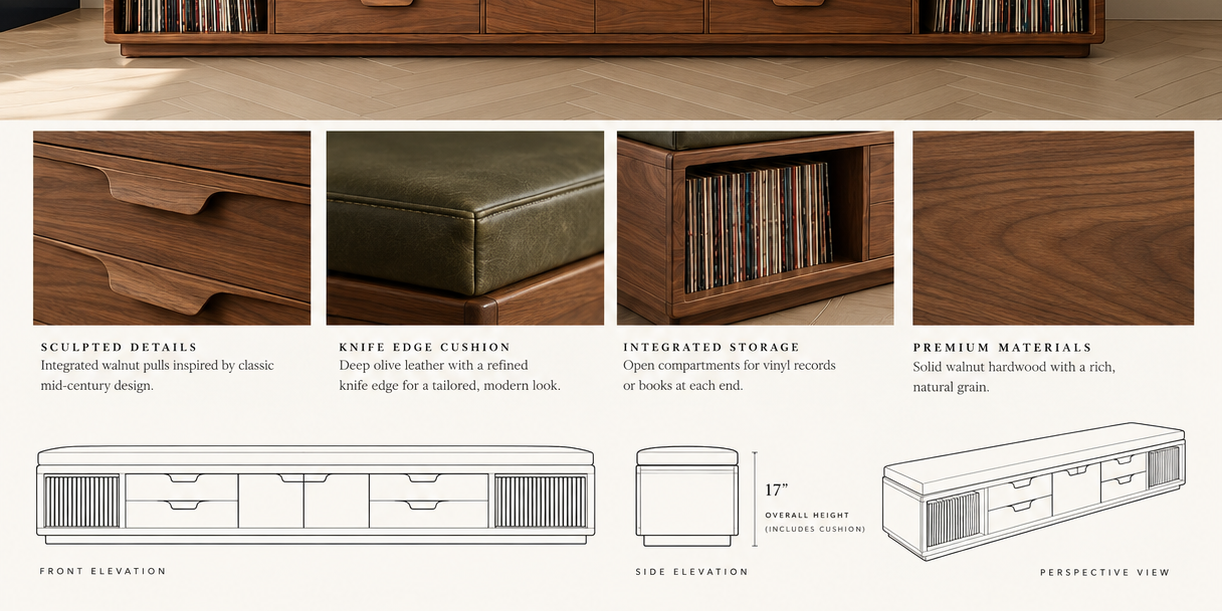 The Longview Walnut + Leather Credenza Bench