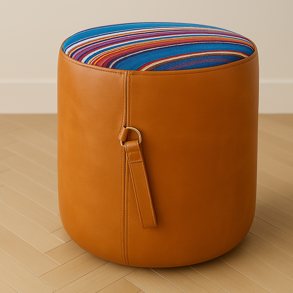 Ottoman | Signature Genuine Leather Round Foot Stool or Pouf With Handle