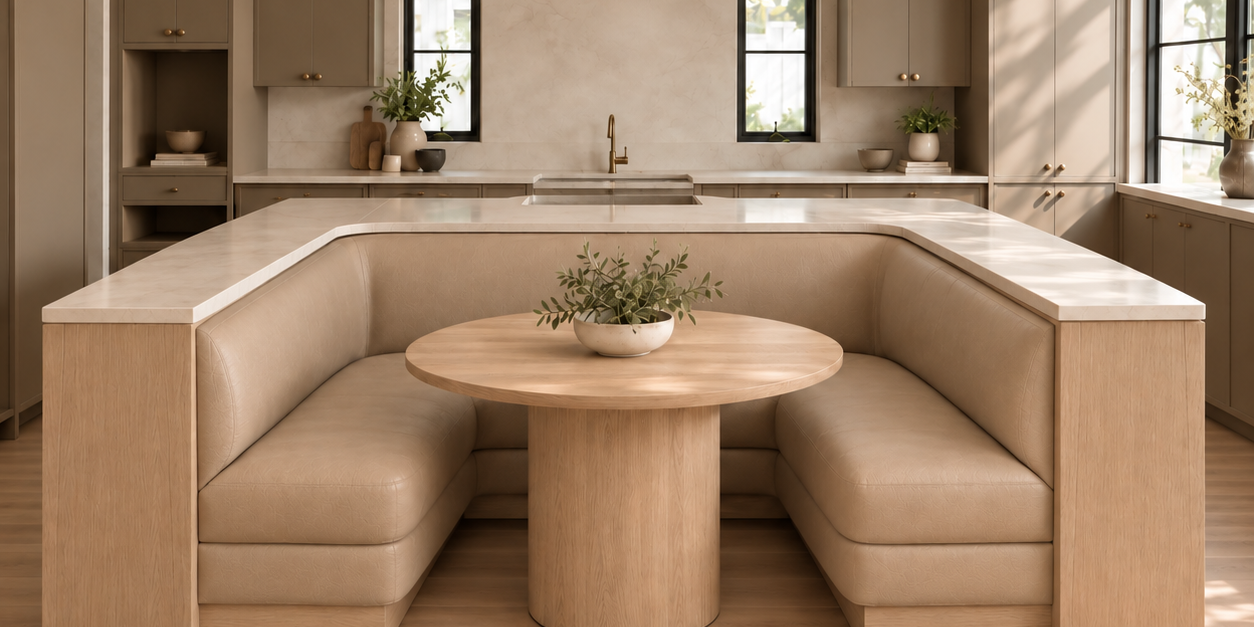 Custom U-Shaped Leather Banquette with White Oak Base