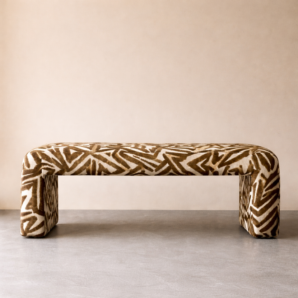 Modern Upholstered Bench | Black & Ivory Geometric Fabric with Rounded Corners COM | Customer's Own Material 2-4 yd