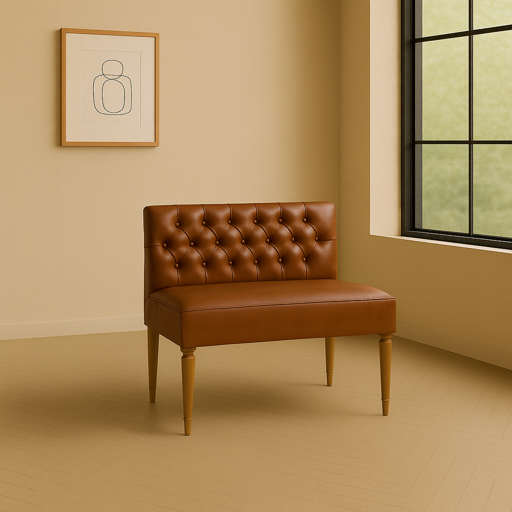 MG Tufted Leather Dining Bench Length: 56 | Seat Depth: 24" | Seat Height: 36" | Classic Turned Legs