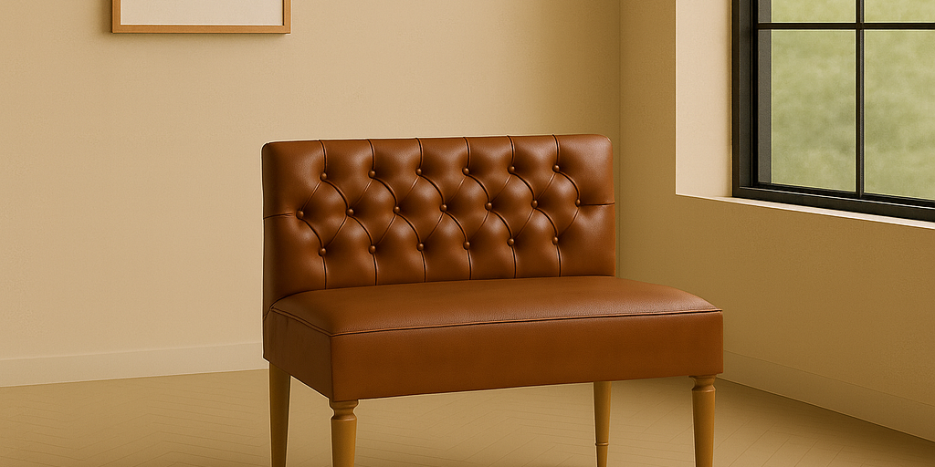 MG Tufted Leather Dining Bench Length: 56 | Seat Depth: 24" | Seat Height: 36" | Classic Turned Legs