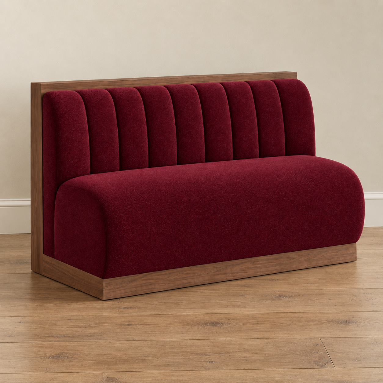 HF Atelier commercial performance velvet banquette with walnut frame for restaurant and wine bar seating, angled view