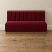 HF Atelier commercial performance velvet banquette with walnut frame for restaurant and wine bar seating, front view