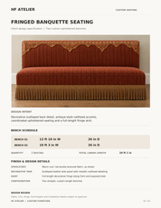 HF Atelier client specification sheet for Striped Western Bench Seat: 13 ft 10 in and 10 ft 3 in wide, both 26 in deep, with striped upholstery, scalloped trim, nailheads and fringe