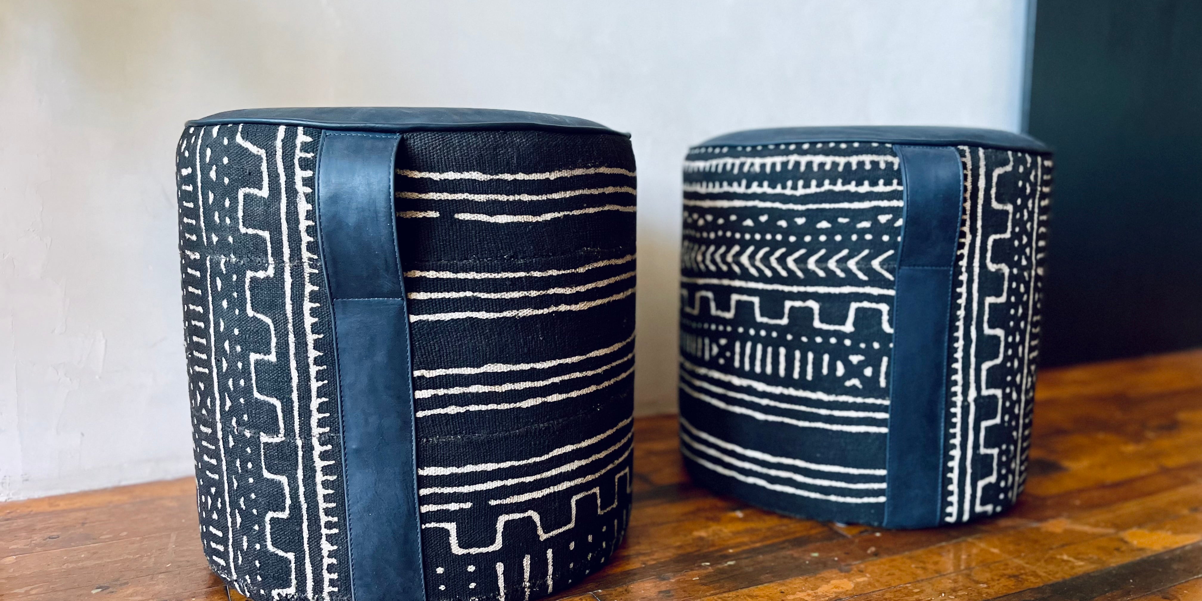 Geometric Leather Ottoman with Handle