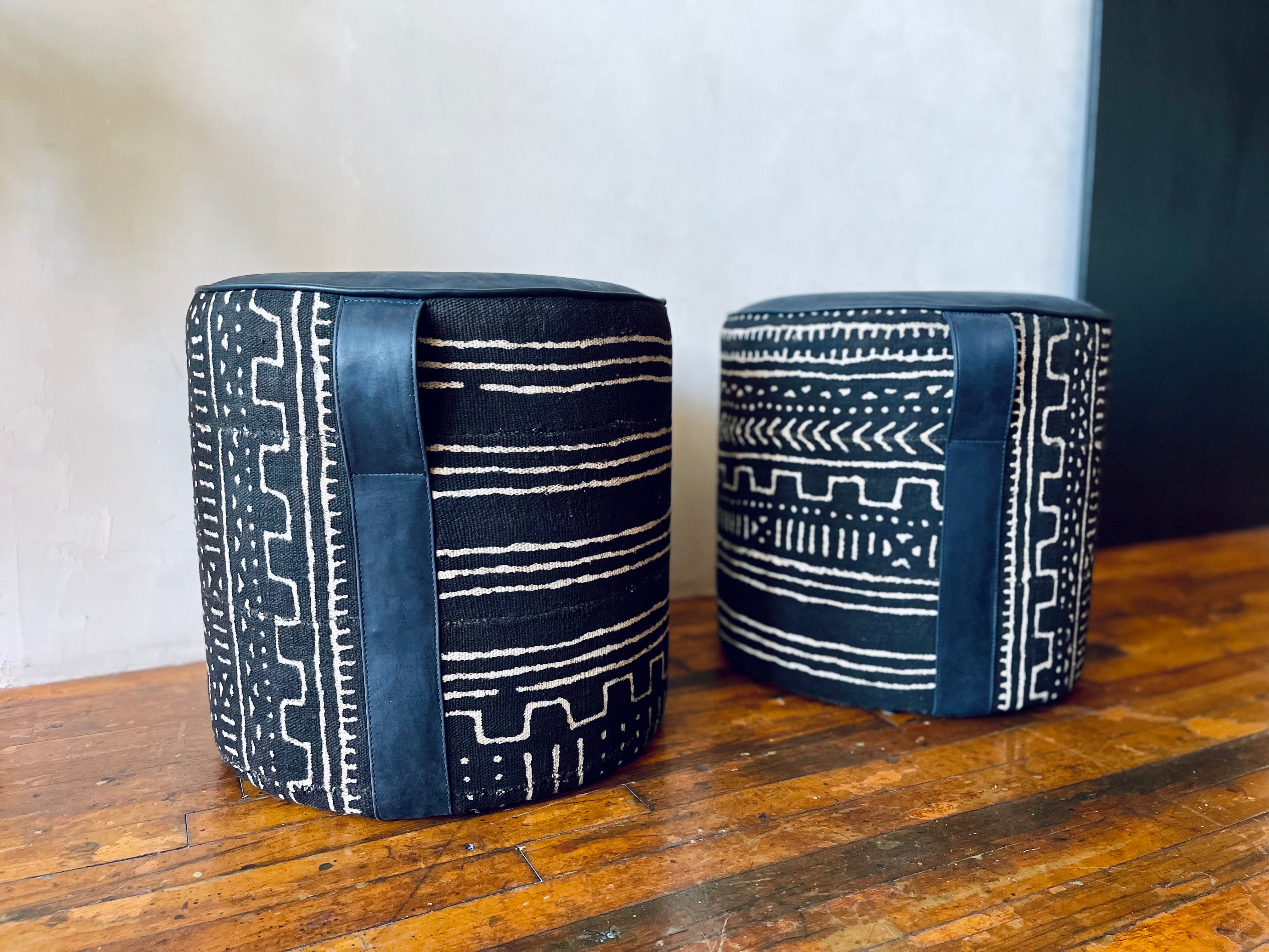 Geometric Leather Ottoman with Handle