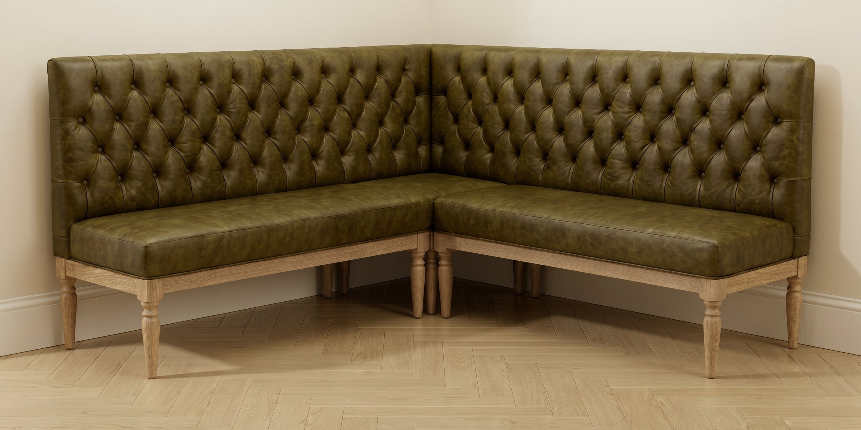 Custom L-Shaped Corner Banquette | Tufted Olive Brown Leather
