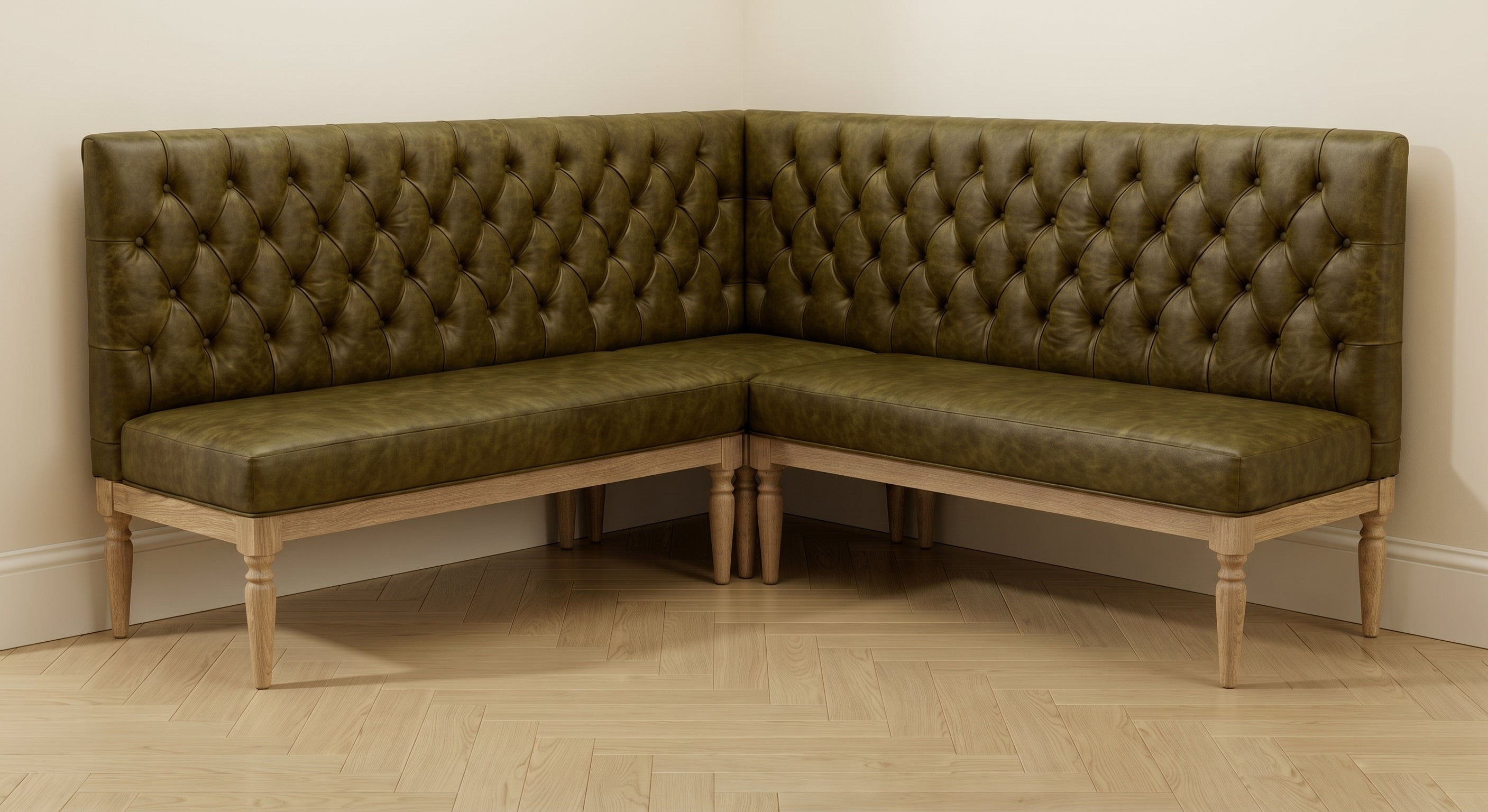 Custom L-Shaped Corner Banquette | Tufted Olive Brown Leather