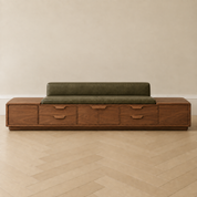 The Longview Walnut + Leather Credenza Bench no.02 | Custom Walnut Credenza Bench with Closed Storage + Olive Leather Backrest