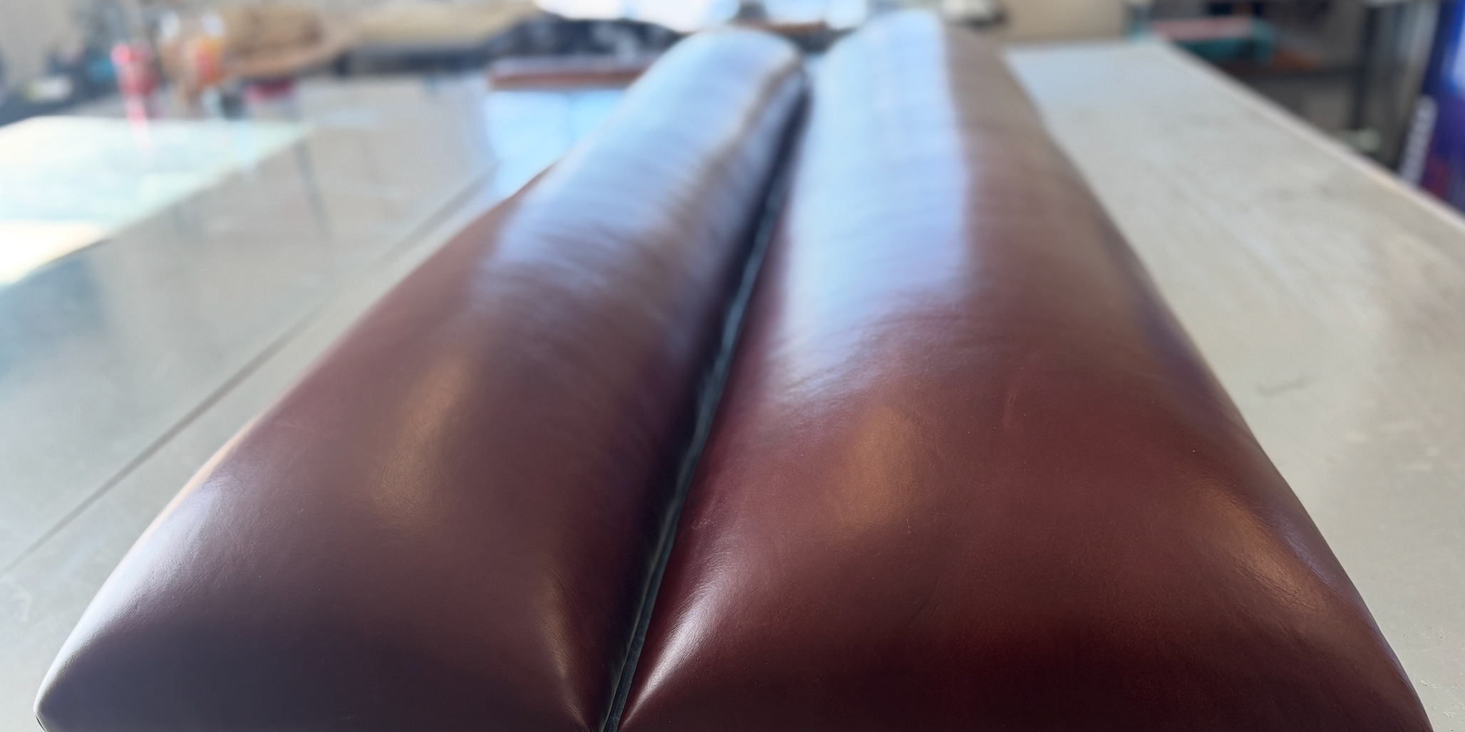 Modern Red Cognac Leather Paneled Headboard
