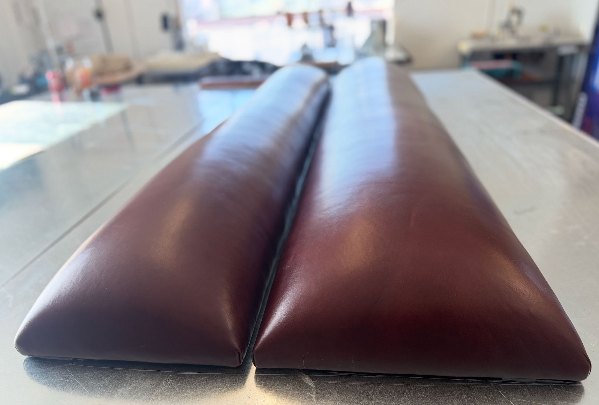 Modern Red Cognac Leather Paneled Headboard