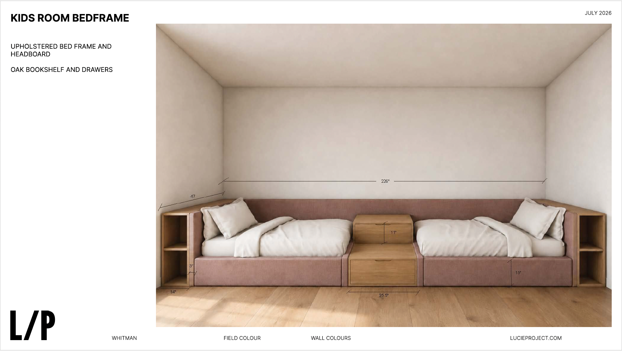 SN | Kids Bedroom Custom Upholstered Bed Frame + Headboard with Oak Bookshelves & Drawers