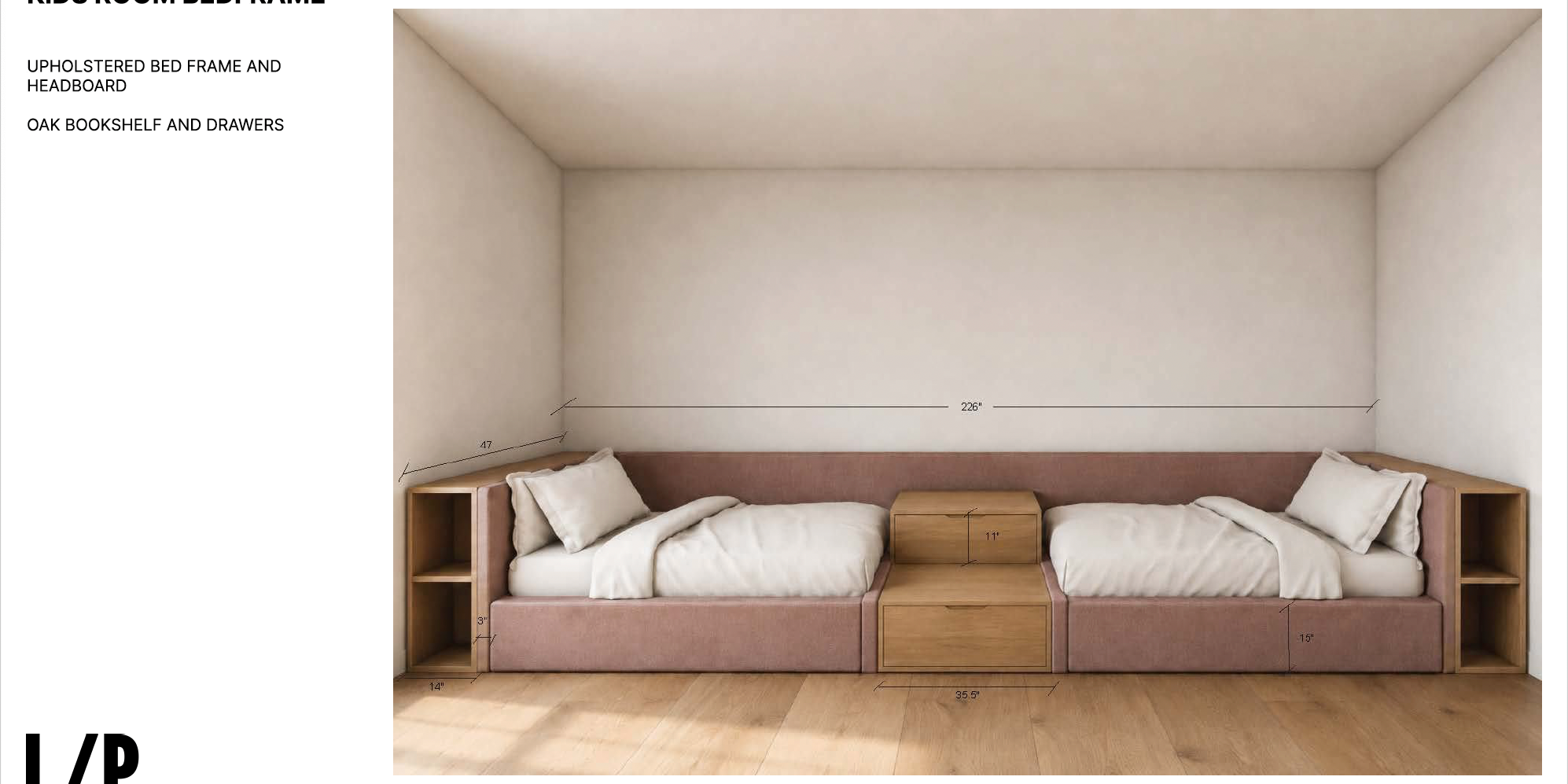 SN | Kids Bedroom Custom Upholstered Bed Frame + Headboard with Oak Bookshelves & Drawers